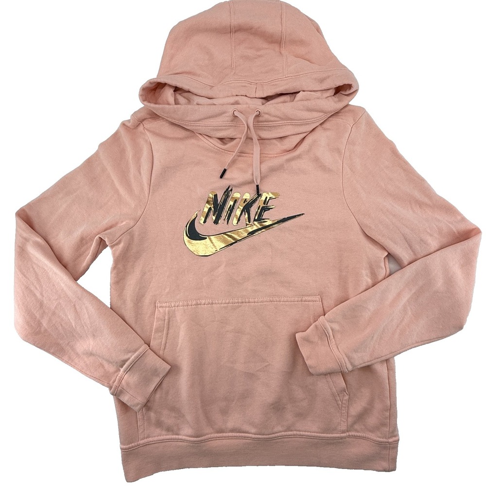 Nike Women's Pink Gold Swoosh Pullover Hoodie XS Fleece